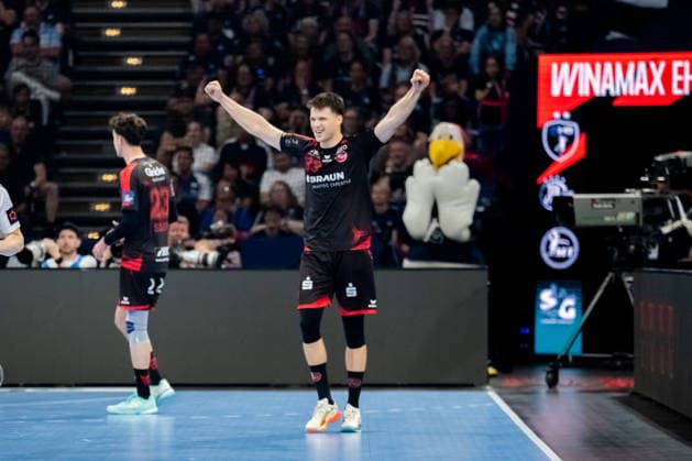 Hamburg 30 05 2026, Handball, Men, EHF European League Men 2025 26, Semi-final, MT Melsungen SG Flensburg Handewitt Aaron Mensing MT Melsungen, 33 cheers after a save