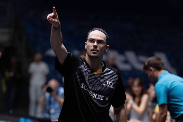 Leo de Nodrest FRA, TTC Schwalbe Bergneustadt celebrates his victory over Kanak Jha GER,USA Borussia Duesseldorf during the semifinal matches Borussia Düsseldorf TTC Schwalbe of the Liebherr TTBL Final4 at the Süwag Energie ARENA on May 30, 2026, in Frankfurt, Germany Copyright: JoaquimxFerreira