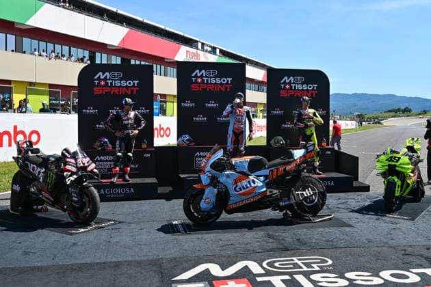 IPA85184805 - The podium of Tissot Sprint Race of Brembo MotoGP Italian Grand Prix 2026 during MotoGP Tissot Sprint Race, MotoGP World Championship, WM, Weltmeisterschaft in Mugello, Italy, May 30 2026  Copyright: xAlessioxMarini IPAxSportx xx 85184805