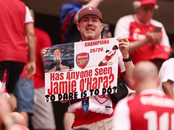 Budapest, Hungary, 30th May 2026. Arsenal fan during the Paris Saint Germain vs Arsenal UEFA Champions League Final match at Puskas Arena, Budapest. Picture credit should read: David Klein Sportimage EDITORIAL USE ONLY. No use with unauthorised audio, video, data, fixture lists, club league logos or live services. Online in-match use limited to 120 images, no video emulation. No use in betting, games or single club league player publications. SPI_016_DK_PSG_Arsenal SPI-4828-0015