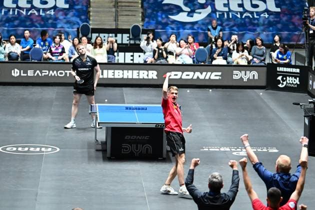 Anton Kallberg in the semi-finals of the TTBL Final Four in Frankfurt The Swede Anton Kallberg from Borussia Düsseldorf successfully in action against Benedikt Duda from TTC Schwalbe Bergneustadt in the semi-finals of the TTBL Final Four in Frankfurt am Main in the Süwag Energie Arena on May 30, 2026 Kallberg equalizes to 2 2 from Frankfurt am Main Hessen Germany