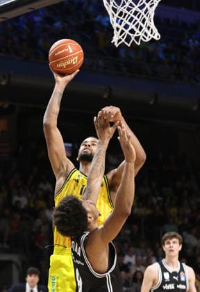 Norris Agbakoko on the ball, Demarcus Demonia duel Game scene Action Sport Basketball BBL Bundesliga Mens Play Off Semi-Final 1 Game Season 2025 2026 30 05 2026 ALBA Berlin vs BMA365 Bamberg Baskets