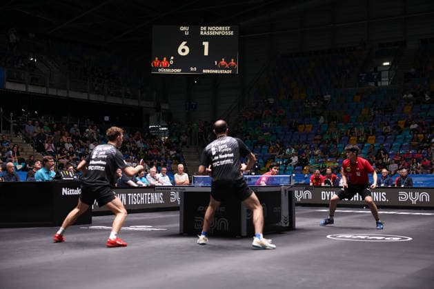 Adrien Rassenfosse BEL, TTC Schwalbe Bergneustadt , Leo de Nodrest FRA, TTC Schwalbe Bergneustadt , Yongyin Li CHN,Borussia Duesseldorf and Dang Qiu GER, Borussia Duesseldorf during the semifinal matches Borussia Düsseldorf TTC Schwalbe of the Liebherr TTBL Final4 at the Süwag Energie ARENA on May 30, 2026, in Frankfurt, Germany Copyright: JoaquimxFerreira