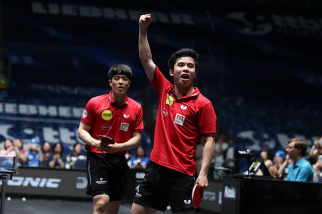 Dang Qiu GER, Borussia Duesseldorf and Yongyin Li CHN,Borussia Duesseldorf celebrates the victory during the semifinal matches Borussia Düsseldorf TTC Schwalbe of the Liebherr TTBL Final4 at the Süwag Energie ARENA on May 30, 2026, in Frankfurt, Germany Copyright: JoaquimxFerreira