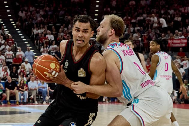 German Basketball Bundesliga BBL , FC Bayern Munich Basketball vs TELEKOM BASKETS Bonn, Munich FC Bayern Basketball, Bonn TELEKOM BASKETS, 2026 05 30 in Munich SAP Garden DA SILVA Oscar FC Bayern Munich Basketball Power Forward PF Nr1 FCBB1 , JOSTMANN Melvin TELEKOM BASKETS Bonn Power Forward PF Nr12 BON12 sportworld Munich SAP Garden Bayern Germany