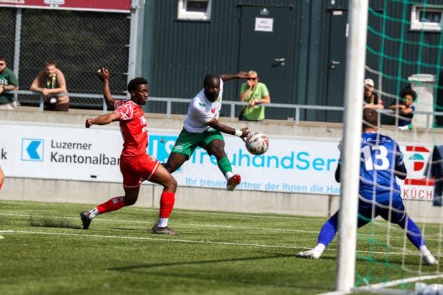 Football Switzerland Promotion League 2025 2026 Last matchday, 30 05 2026 SC Kriens vs FC Bavois Kleinfeld Kriens, Switzerland Daoud TourÃ shoots the ball towards goal, but unfortunately misses Kriens Stadium Kleinfeld Lucerne Switzerland Copyright: xAmiirxAmedjouax