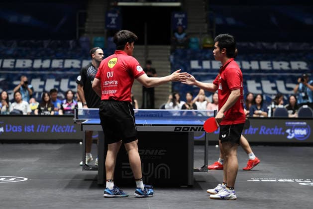 Dang Qiu GER, Borussia Duesseldorf and Yongyin Li CHN,Borussia Duesseldorf celebrates the victory during the semifinal matches Borussia Düsseldorf TTC Schwalbe of the Liebherr TTBL Final4 at the Süwag Energie ARENA on May 30, 2026, in Frankfurt, Germany Copyright: JoaquimxFerreira