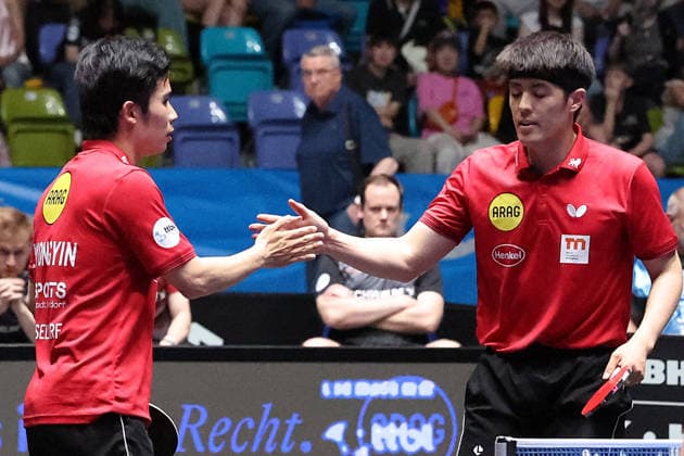 30 05 2026, xrekx, Table Tennis TTBL Final 4, Borussia Düsseldorf TTC Schwalbe Bergneustadt v l Yongyin Li Borussia Duesseldorf Dang Qiu Borussia Duesseldorf Winner in Doubles DFL DFB REGULATIONS PROHIBIT ANY USE OF PHOTOGRAPHS as IMAGE SEQUENCES and or QUASI VIDEO Frankfurt am Main