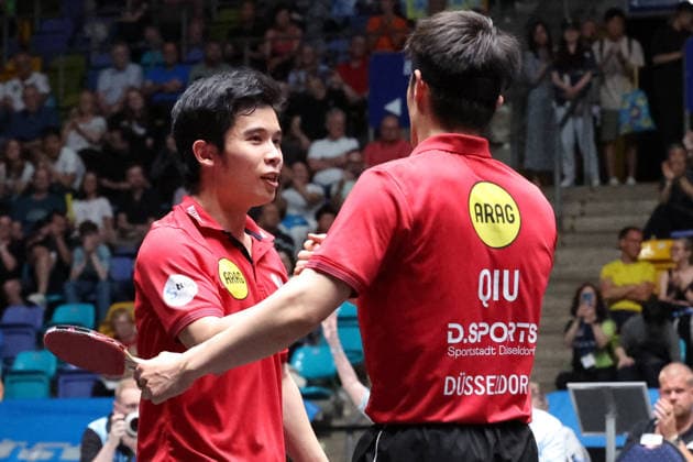 30 05 2026, xrekx, Table Tennis TTBL Final 4, Borussia Düsseldorf TTC Schwalbe Bergneustadt v l Yongyin Li Borussia Duesseldorf Dang Qiu Borussia Duesseldorf Winner in Doubles DFL DFB REGULATIONS PROHIBIT ANY USE OF PHOTOGRAPHS as IMAGE SEQUENCES and or QUASI VIDEO Frankfurt am Main