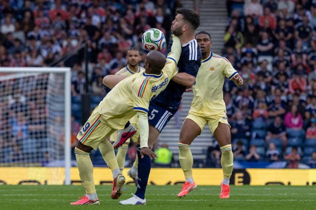 Scotland v Curacao, Friendly International Challenge Gervane Kastaneer of Curacao & Grant Hanley of Scotland national team, Nationalteam tangle as they battle for possession during the International Challenge Match - Scotland vs Curacao, Barclays Hampden, Glasgow. 30 May 2026 Hampden Park Barclays Hampden Glasgow Scotland Editorial use only , Copyright: xColinxPoultneyx PSI-24309-0129