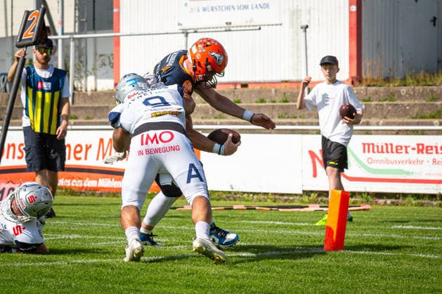 Broghean Mcgovern (ifm Razorbacks Ravensburg, 17 Quarter Back) pushed out of bounce by Antonio Alzheimer (Pforzheim Wilddogs, 09 Linebacker) Pforzheim Wilddogs vs ifm Razorbacks Ravensburg, American Football, German Football League, Week 4, 2026, 30.05.2026, Pforzheim Kramski Arena Baden Württemberg Germany Copyright: xFootxBowl SebastianxJustx