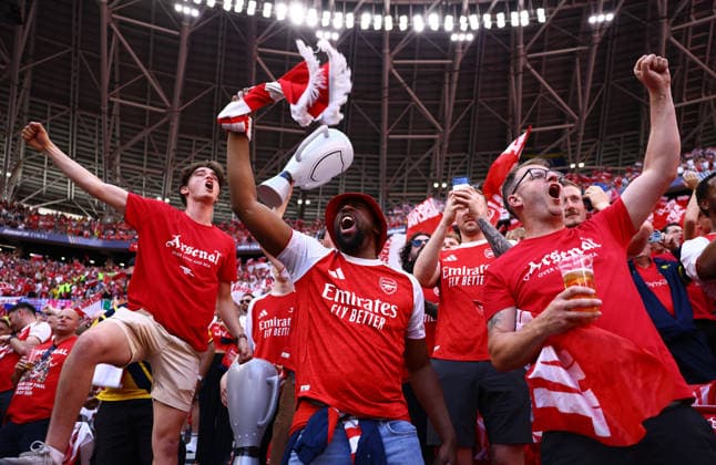 Budapest, Hungary, 30th May 2026. Arsenal fans during the Paris Saint Germain vs Arsenal UEFA Champions League Final match at Puskas Arena, Budapest. Picture credit should read: David Klein Sportimage EDITORIAL USE ONLY. No use with unauthorised audio, video, data, fixture lists, club league logos or live services. Online in-match use limited to 120 images, no video emulation. No use in betting, games or single club league player publications. SPI_060_DK_PSG_Arsenal SPI-4828-0059