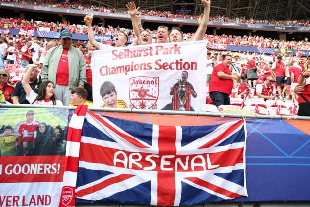 Arsenal fans cheer on during the 2025 2026 Champions League Final football match between Paris Saint Germain and Arsenal FC at Puskas Arena stadium in Budapest (Hungary), May 30th, 2026. CesarexPurini