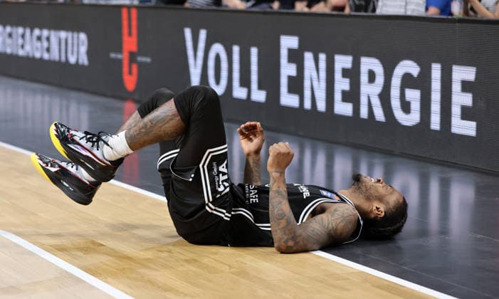 Cobe Williams on the ground after a duel Game Scene Action Sport Basketball BBL Bundesliga Mens Play Off Semi-Final 1 Game Season 2025 2026 30 05 2026 ALBA Berlin vs BMA365 Bamberg Baskets