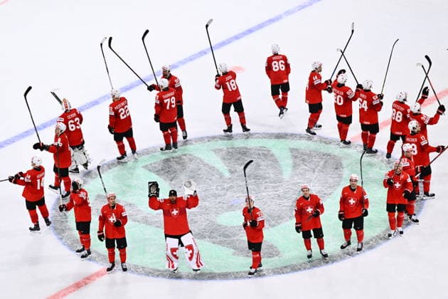 Players of Switzerland celebrate after winning the semifinal match Switzerland vs Norway at the 2026 IIHF Ice hockey, Eishockey World Championship, WM, Weltmeisterschaft on May 30, 2026, Zurich, Switzerland. (CTKxPhoto RadekxPetrasek) CTKPhotoP2026053004323  CTKPhotoP2026053004323