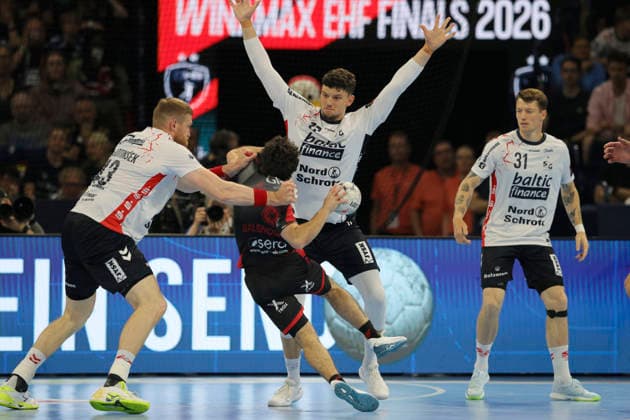 photo on the ball Erik BALENCIAGA Melsungen against Marko GRGIC and left Blaz Blagotinsek Flensburg Handball Men on Sat 30 05 2026 Mens EHF European League , Final Four in Hamburg SG Flensburg Melsungen, Semifinal
