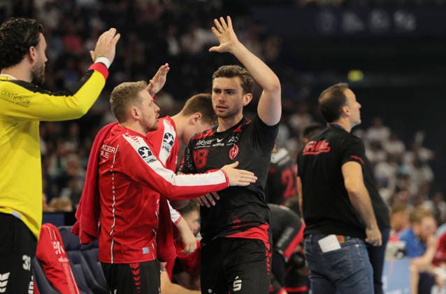 photo Cheering after the final whistle by the players from Melsungen , here Florian DROSTEN Handball Men on Sat 30 05 2026 Mens EHF European League , Final Four in Hamburg SG Flensburg Melsungen, Semifinal