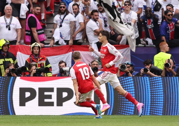 Budapest, Hungary, 30th May 2026. Kai Havertz of Arsenal celebrates scoring the first goal during the Paris Saint Germain vs Arsenal UEFA Champions League Final match at Puskas Arena, Budapest. Picture credit should read: David Klein Sportimage EDITORIAL USE ONLY. No use with unauthorised audio, video, data, fixture lists, club league logos or live services. Online in-match use limited to 120 images, no video emulation. No use in betting, games or single club league player publications. SPI_078_DK_PSG_Arsenal SPI-4828-0077