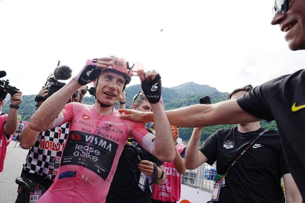 Denmark™s Jonas Vingegaard Hansen of Team Visma Lease A Bike winner of the stage and pink jersey during Stage 20 of the Giro d™Italia, from Gemona del Friuli to Piancavallo, Italy, Saturday, May 30, 2026.  Copyright: xGianxMattiaxD™Alberto LaPressex