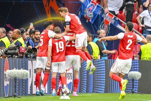 Kai Havertz Arsenal FC celebrates after scoring his team s first goal with teammates during the UEFA Champions League Final 2026 match between Paris Saint Germain and Arsenal FC at Puskas Arena on May 30, 2026 in Budapest, Hungary Photo by Harry Langer DeFodi Images