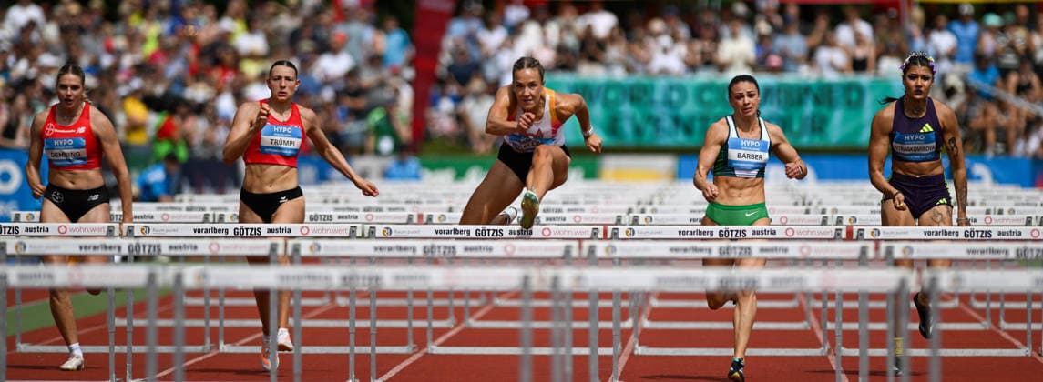 ATHLETICS - Hypomeeting Goetzis 2026 GOETZIS,AUSTRIA,30.MAY.26 - ATHLETICS - World Athletics Combined Events Tour, Hypomeeting, heptathlon, 100m hurdles. Image shows Marie Dehning (GER), Liana Truempi (SUI), Lexie Keller (USA), Ellen Barber (GBR) and Anastasia Ntrgakomirova (GRE).  GEPAxpictures xOliverxLerch
