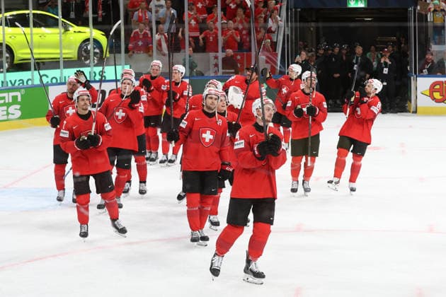 30 05 2026 Swiss Life Arena Zurich , SWITZERLAND, Mens Ice Hockey IIHF World Championship Zurich 2026 Semifinal SUI NOR Cheering after the match, Nico Hischier Dean Kukan SUI