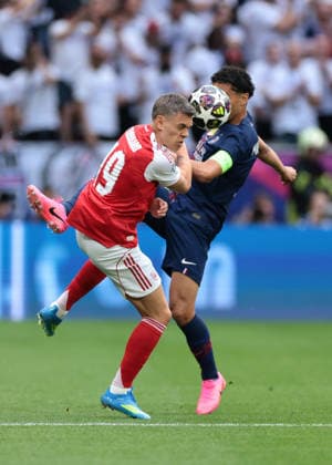Budapest, Hungary, 30th May 2026. Leandro Trossard of Arsenal FC clashes with Marquinhos of PSG during the Paris Saint Germain vs Arsenal FC UEFA Champions League Final match at Puskas Arena, Budapest. Picture credit should read: Jonathan Moscrop Sportimage EDITORIAL USE ONLY. No use with unauthorised audio, video, data, fixture lists, club league logos or live services. Online in-match use limited to 120 images, no video emulation. No use in betting, games or single club league player publications. SPI_005_PSG_ARSENAL_UCL SPI-4825-0005