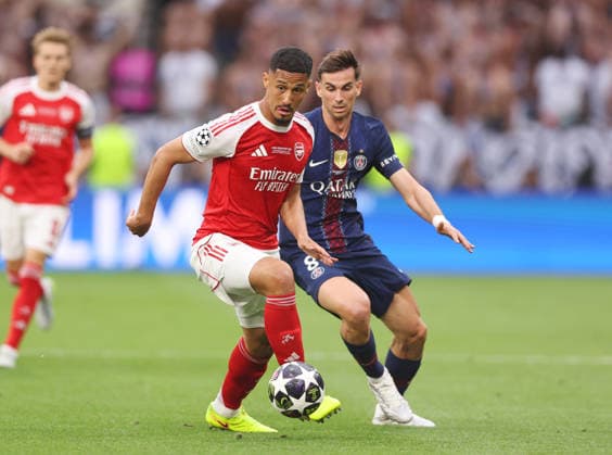 Budapest, Hungary, 30th May 2026. William Saliba of Arsenal and Fabian Ruiz of Paris Saint-Germain during the Paris Saint Germain vs Arsenal UEFA Champions League Final match at Puskas Arena, Budapest. Picture credit should read: David Klein Sportimage EDITORIAL USE ONLY. No use with unauthorised audio, video, data, fixture lists, club league logos or live services. Online in-match use limited to 120 images, no video emulation. No use in betting, games or single club league player publications. SPI_083_DK_PSG_Arsenal SPI-4828-0084