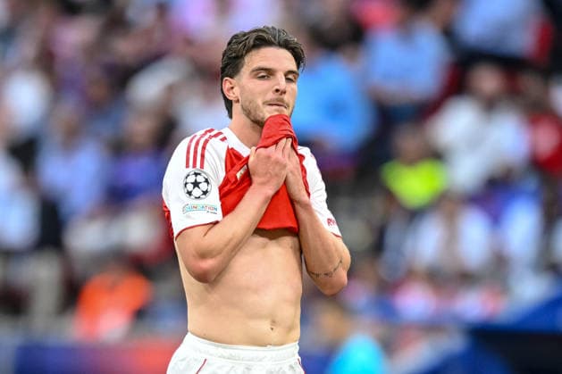 Declan Rice Arsenal FC gestures during the UEFA Champions League Final 2026 match between Paris Saint Germain and Arsenal FC at Puskas Arena on May 30, 2026 in Budapest, Hungary Photo by Harry Langer DeFodi Images