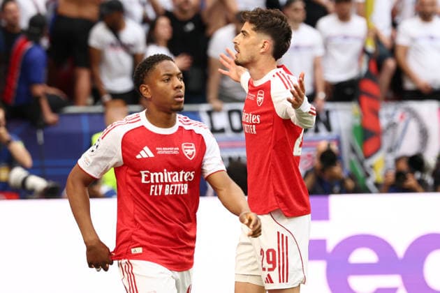Kai Havertz of Arsenal celebrates after scoring the goal of 0-1 during the 2025 2026 Champions League Final football match between Paris Saint Germain and Arsenal FC at Puskas Arena stadium in Budapest (Hungary), May 30th, 2026. CesarexPurini