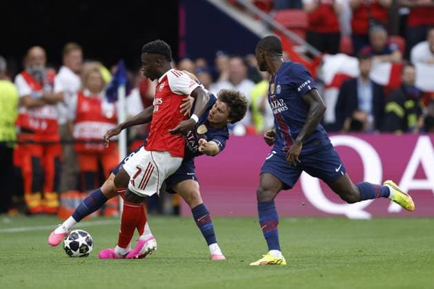 BUDAPEST - Joao Neves of Paris Saint-Germain and Bukayo Saka of Arsenal FC during the UEFA Champions League final between Paris Saint-Germain and Arsenal FC at the Puskas Arena on 30 May 2026, Budapest, Hungary. MAURICE VAN STEEN ANP UEFA Champions League Final 2026 2025-2026 xVIxANPxSportx xMauricexvanxSteenxIVx 559681011 originalFilename: 559681011.jpg