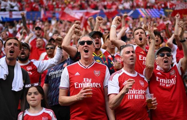 Hungary Soccer Champions League PSG - Arsenal 9176931 30.05.2026 Arsenal s fans cheer before the UEFA Champions League final soccer match between Paris Saint-Germain (PSG) and Arsenal at Puskas Arena in Budapest, Hungary. Alexey Filippov Sputnik Budapest Hungary  Copyright: xAlexeyxFilippovx