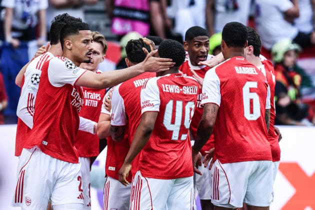 Sport, Football, UEFA Champions League Season 2025 2026 Final Paris Saint Germain FC Arsenal 30 05 2026, Puskas Arena Budapest Goal celebration FC Arsenal after the goal to 1 0 by Kai Havertz Arsenal the players are happy Budapest Puskas Arena Hungary