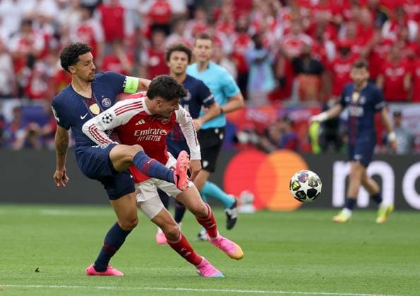Marquinhos of Paris Saint-Germain in action against Kai Havertz of Arsenal Paris Saint-Germain v Arsenal, UEFA Champions League, Final, Football, Puskas Arena, Budapest, Hungary - 30 May 2026Budapest Puskas Arena Hungary EDITORIAL USE ONLY No use with unauthorised audio, video, data, fixture lists, club league logos or live services. Online in-match use limited to 120 images, no video emulation. No use in betting, games or single club league player publications. Copyright: xAhmadxMora Shutterstockx 16902827as