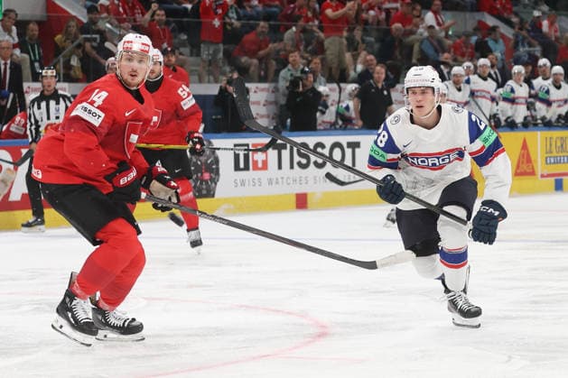 30 05 2026 Swiss Life Arena Zurich , SWITZERLAND, Mens Ice Hockey IIHF World Championship Zurich 2026 Semifinal SUI NOR Dean Kukan SUI vs Michael Brandsegg Nygard NOR