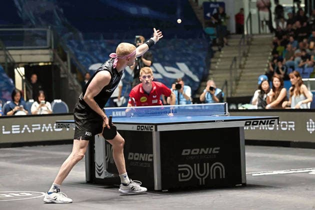 Roman Ruiz TTC Schwalbe Bergneustadt serving against Anton Kaelberg Borussia Duesseldorf GER Frankfurt TTBL Liebherr Final Four TTC Schwalbe Bergneustadt vs Borussia Düsseldorf, Table Tennis Suewag Energie Arena 30 05 2026 GER Frankfurt TTBL Liebherr Final Four Table Tennis Suewag Energie Arena Deutsche Meiterschaft 30 05 2026 Frankfurt Copyright: xEibner-Pressefoto JoergxHirschx EP_JHH