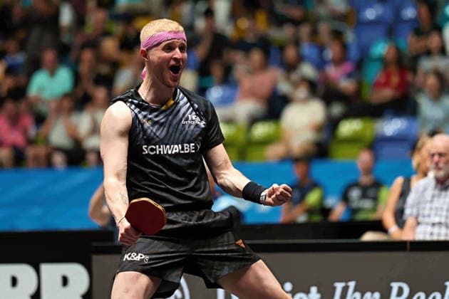 Roman Ruiz TTC Schwalbe Bergneustadt cheering GER Frankfurt TTBL Liebherr Final Four TTC Schwalbe Bergneustadt vs Borussia Düsseldorf, Table Tennis Suewag Energie Arena 30 05 2026 GER Frankfurt TTBL Liebherr Final Four Table Tennis Suewag Energie Arena Deutsche Meiterschaft 30 05 2026 Frankfurt Copyright: xEibner-Pressefoto JoergxHirschx EP_JHH
