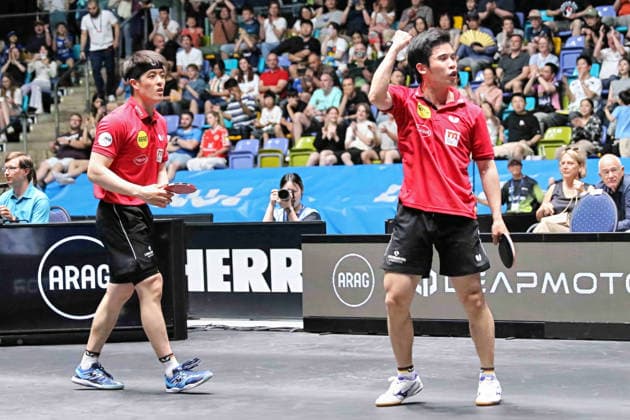 Dang Qiu Borussia Duesseldorf and Yong Li Borussia Duesseldorf win 3 3 in doubles against TTC Schwalbe Bergneustadt GER Frankfurt TTBL Liebherr Final Four TTC Schwalbe Bergneustadt vs Borussia Düsseldorf, Table Tennis Suewag Energie Arena 30 05 2026 GER Frankfurt TTBL Liebherr Final Four Table Tennis Suewag Energie Arena German Championships 30 05 2026 Frankfurt Copyright: xEibner-Pressefoto JoergxHirschx EP_JHH