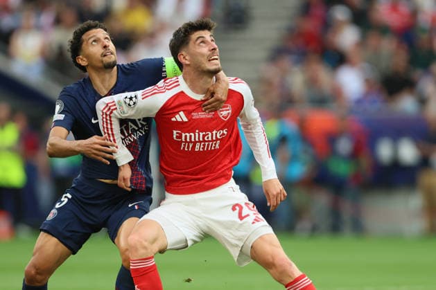 Paris Saint-Germain v Arsenal FC - UEFA Champions League Final 2026 Marquinhos of Paris Saint-Germain and Kai Havertz of Arsenal challenge during the UEFA Champions League Final 2026 match between Paris Saint-Germain and Arsenal FC at Puskas Arena on May 30, 2026 in Budapest, Hungary. WARNING! This Photograph May Only Be Used For Newspaper And Or Magazine Editorial Purposes. May Not Be Used For Publications Involving 1 player, 1 Club Or 1 Competition Without Written Authorisation From Football DataCo Ltd. For Any Queries, Please Contact Football DataCo Ltd on +44 (0) 207 864 9121 Budapest Puskas Arena Hungary Hungary Copyright: xAllstarxPicturexLibraryxLtdx