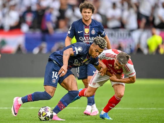 Desire Doue Paris Saint Germain FC and Leandro Trossard Arsenal FC battle for the ball during the UEFA Champions League Final 2026 match between Paris Saint Germain and Arsenal FC at Puskas Arena on May 30, 2026 in Budapest, Hungary Photo by Harry Langer DeFodi Images