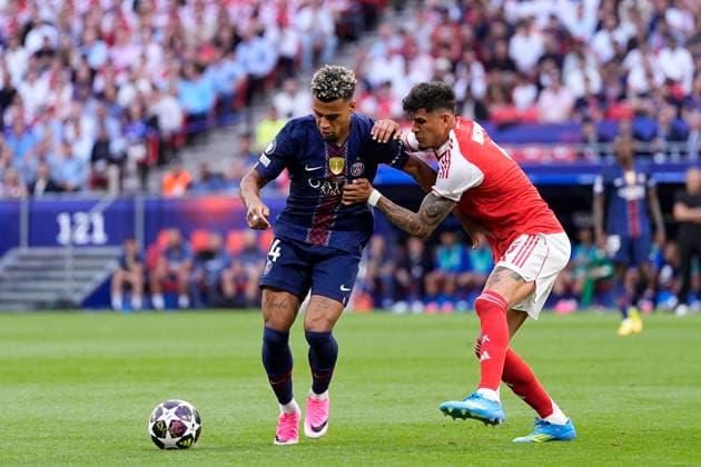 May 30, 2026, Budapest, Budapest, Hungary: Desire Doue of Paris Saint Germain and Piero Hincapie of Arsenal FC in action during the UEFA Champions League Final 2026 match between Paris Saint-Germain and Arsenal FC at Puskas Arena on May 30, 2026 in Budapest, Hungary. Budapest Hungary - ZUMAa181 20260530_zaa_a181_077 Copyright: xDennisxAgyemanx