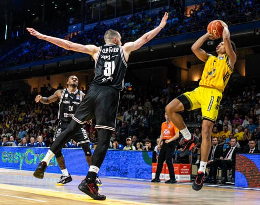 Jack Kayil Alba Berlin, 7 with a throw attempt from the corner 30 05 2026, Alba Berlin vs Bamberg Baskets, Basketball, BBL, Max Schmeling Halle, Berlin DFL regulations prohibit any use of photographs as image sequences and or quasi video Copyright: HMBxMedia xFinnxWeidmann