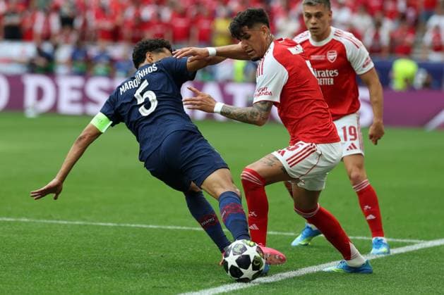 30.05.2026 - SOCCER - 2025-2026 UEFA Champions League final , Paris vs Arsenal Marquinhos (Paris Saint-Germain) and Piero Hincapie (Arsenal) in duel Budapest Puskas Arena ,Budapest Puskas Arena Hungary