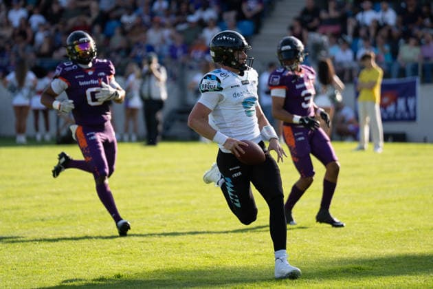 30 05 2026, xhfmx, American Football EFA European Football Alliance, Frankfurt Galaxy Munich Ravens Russell Tabor Munich Ravens, 9 scores a touchdown against Frankfurt DFL DFB REGULATIONS PROHIBIT ANY USE OF PHOTOGRAPHS as IMAGE SEQUENCES and or QUASI VIDEO Frankfurt am Main
