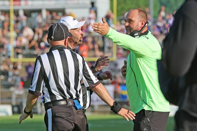 dissatisfied head coach Thomas Gösling Frankfurt Galaxy in discussions with the referees , Frankfurt Galaxy Munich Ravens, American Football, EFA, The European Football Alliance, Season 2026, Bornheimer Hang, 30 05 2026, Frankfurt Bornheimer Hang Germany
