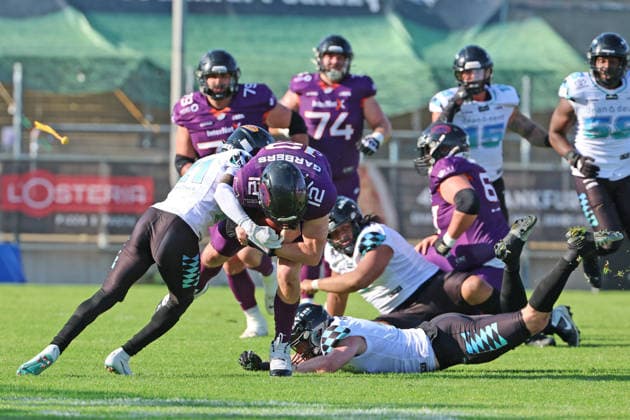 Quarterback Ethan Garbers Frankfurt Galaxy No. 12 is always forced to make his own runs, Frankfurt Galaxy Munich Ravens, American Football, EFA, The European Football Alliance, Season 2026, Bornheimer Hang, 30 05 2026, Frankfurt Bornheimer Hang Germany