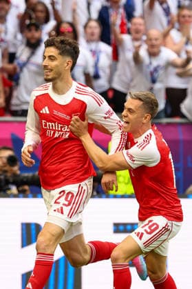Kai Havertz of Arsenal celebrates with Leonardo Trossard after scoring the goal of 0-1 during the 2025 2026 Champions League Final football match between Paris Saint Germain and Arsenal FC at Puskas Arena stadium in Budapest (Hungary), May 30th, 2026. CesarexPurini