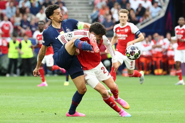 Marcos Aoas Correa Marquinhos of PSG and Kai Havertz of Arsenal compete for the ball during the 2025 2026 Champions League Final football match between Paris Saint Germain and Arsenal FC at Puskas Arena stadium in Budapest (Hungary), May 30th, 2026. CesarexPurini
