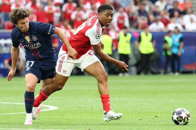 Joao Pedro Goncalves Neves of PSG and Myles Lewis Smelly of Arsenal during the 2025 2026 Champions League Final football match between Paris Saint Germain and Arsenal FC at Puskas Arena stadium in Budapest (Hungary), May 30th, 2026. CesarexPurini