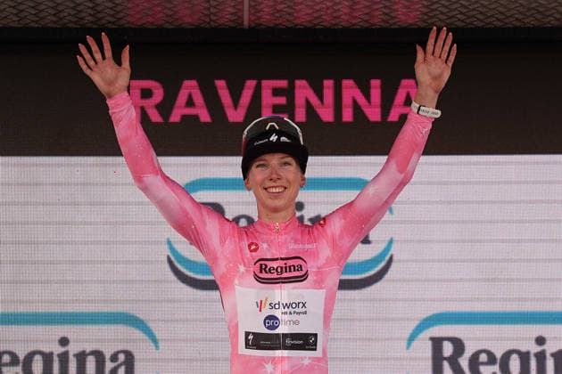 Netherlands™s Lorena Wiebes of Team SD Worx - Protime™s winner of the stage on the podium during Stage 1 of the Giro d™Italia Women, from Cesenatico to Ravenna, Italy, Saturday May 30, 2026  Copyright: xMarcoxAlpozzi LaPressex